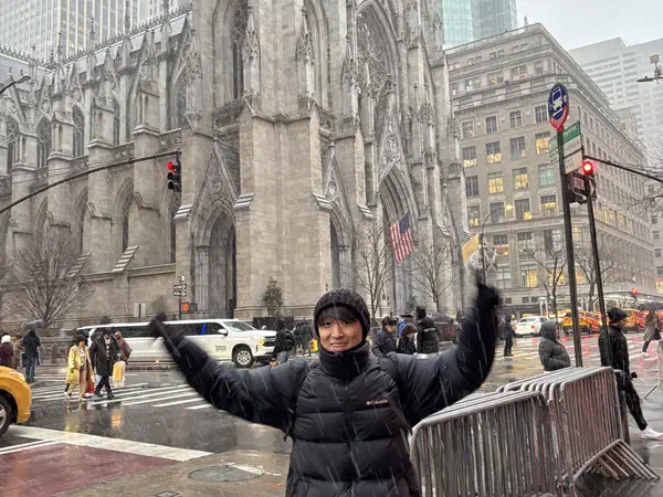 New York, United States: St. Patrick’s Cathedral on Fifth Avenue, on a snowy day.