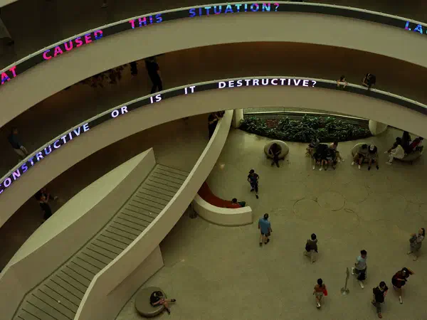 New York, United States: Jenny Holzer’s texts running up the spiral of the Guggenheim.